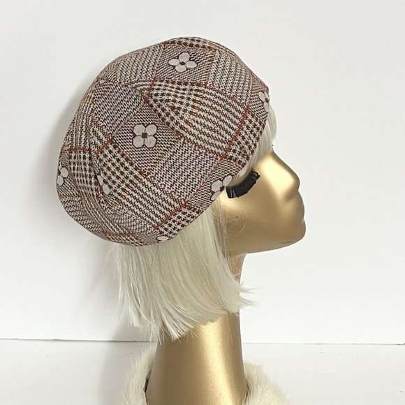Brown floral plaid fabric beret hat